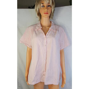 White Stag Women 2X cotton collard button down embroidered pink blouse shirt